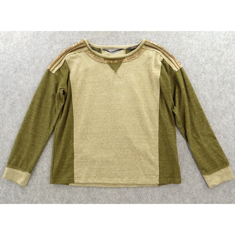 Miss Me Top Womens Medium Green Knit Pullover Embellished Long Sleeve Round Neck
